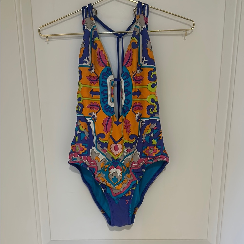 Vintage Trine Turk Paisley Plunge Neckline One Piece With Halter Tie.